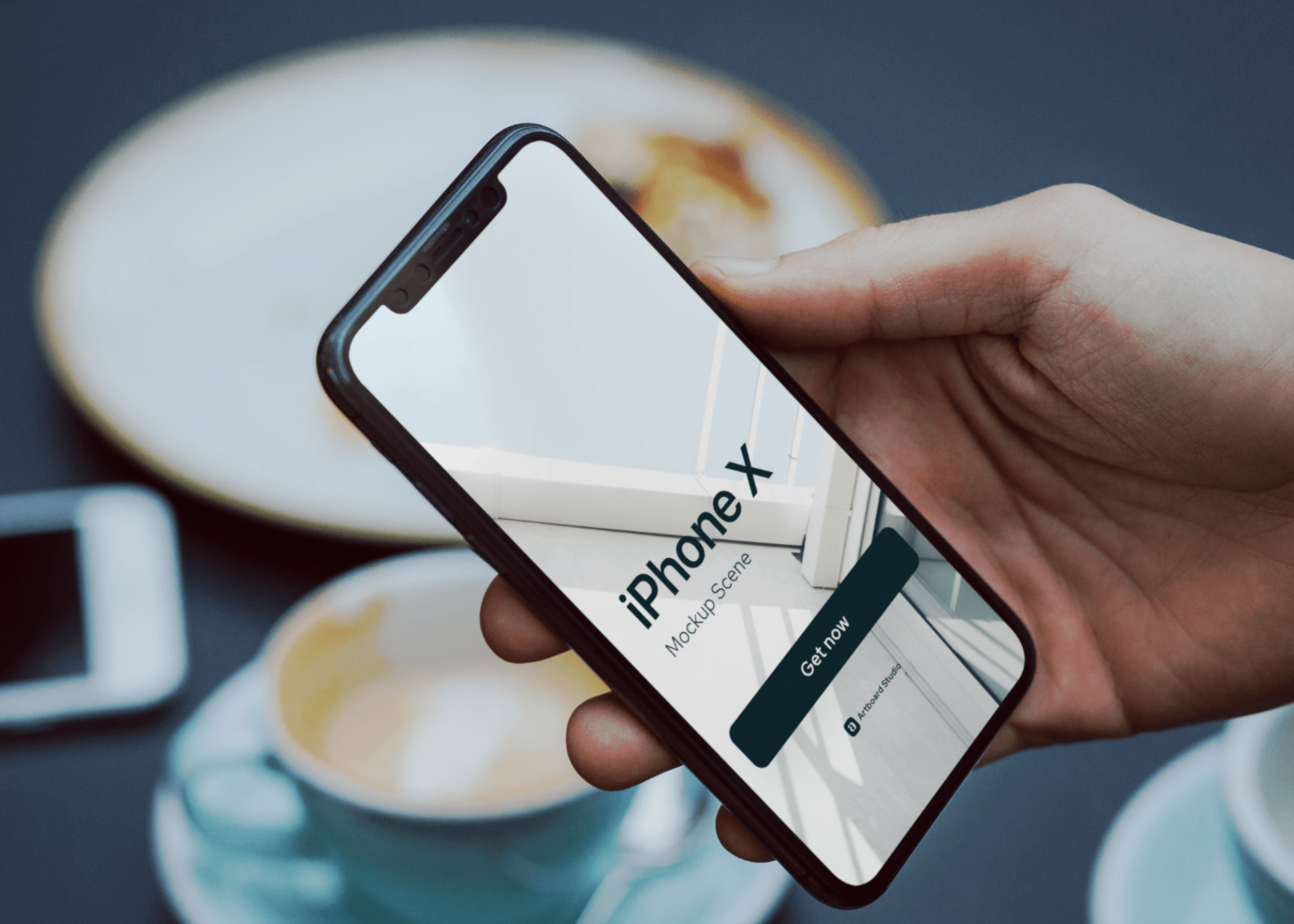 Featuring a lady holding the device on a white background to the sky to give full . Hand Holding Iphone X Mockup Scene